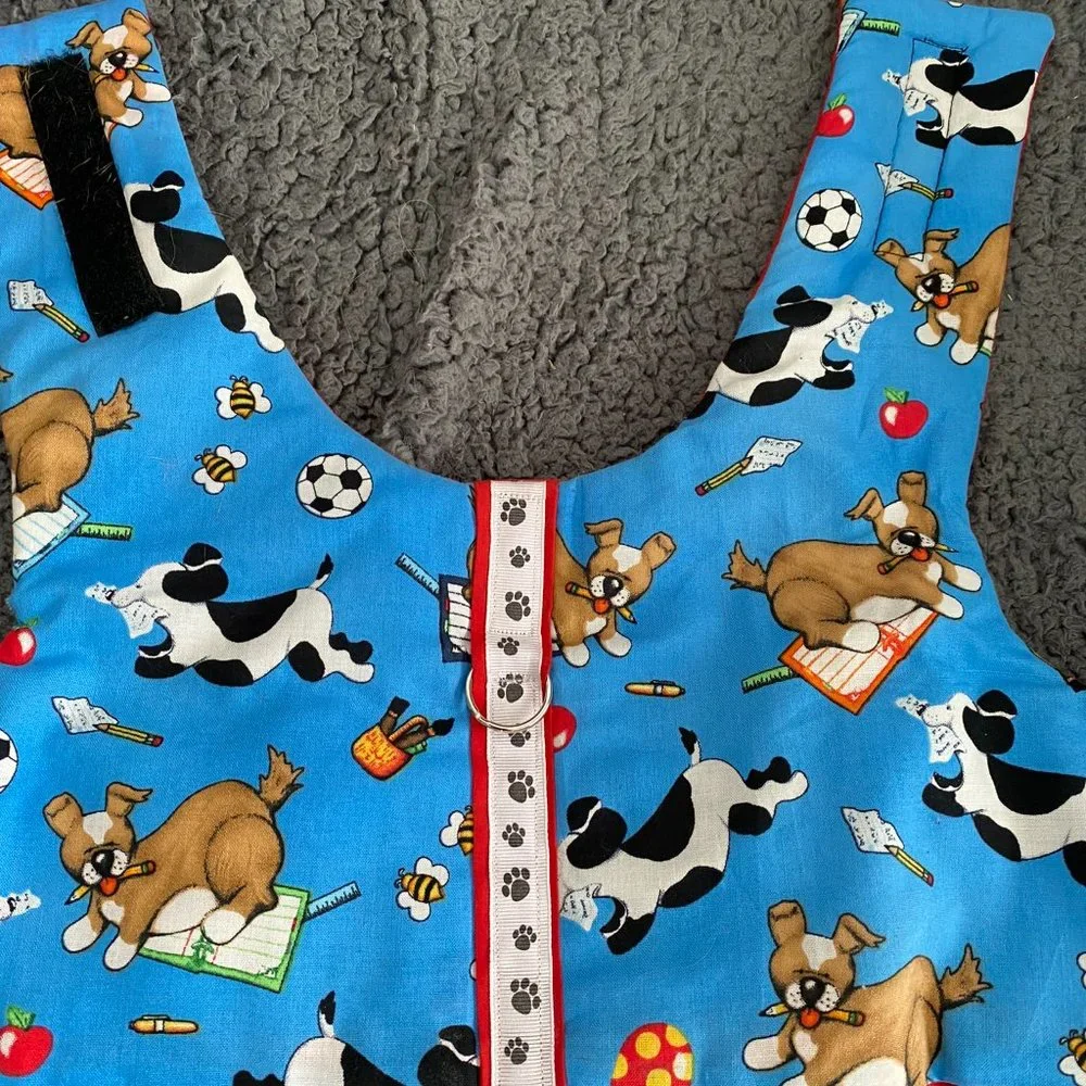 Like New- DOGS on a Blue background playing harness- handmade